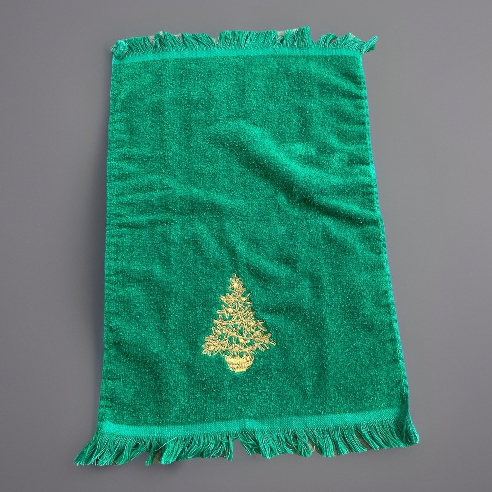 VTG Cannon Green Santa Claus Embroidered Hand Towel Set Of 3 Made In USA - Picture 7 of 11